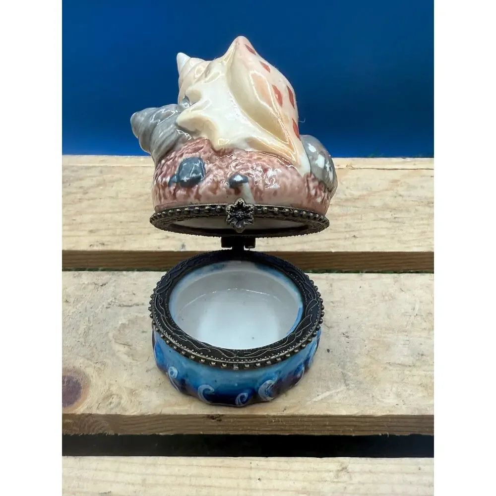 Vintage Seashell Porcelain Hinged Trinket Box - 3” Tall